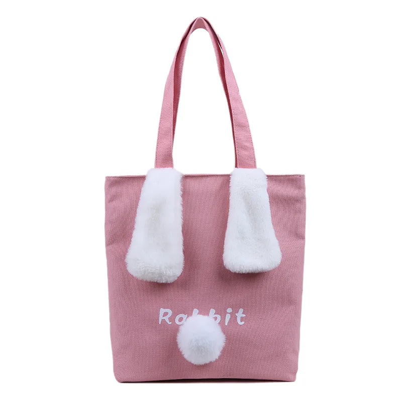 

Japanese ins girl cute plush rabbit ears canvas bag soft cute hair ball embroidery shoulder bag ladies bag women leather