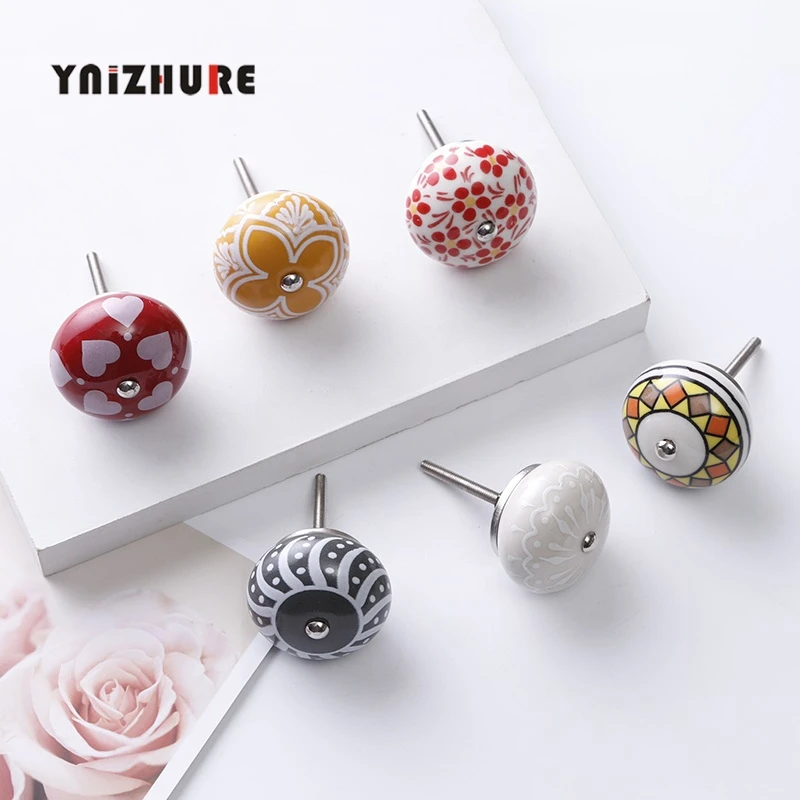 Pastoral style Painted Ceramic 40mm Round Bedroom Cabinet Door Drawer Kitchen Handle Drawer Furniture Box Knobs images - 6