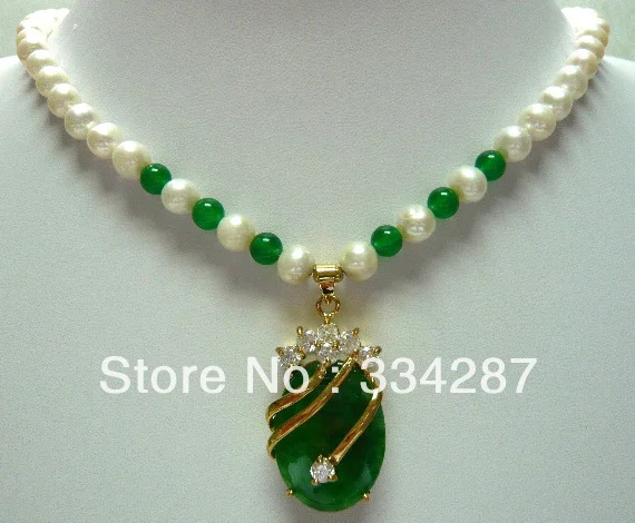 

Noble White 7-8 Genuine Pearl Green jades pendant women Jewelry Necklace 18inches