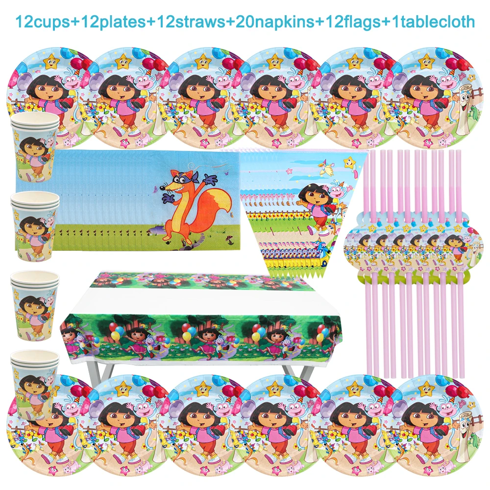 

Дора The Explorer, товары для детского дня рождения, ложка, флаг, соломинки, скатерть, одноразовая посуда