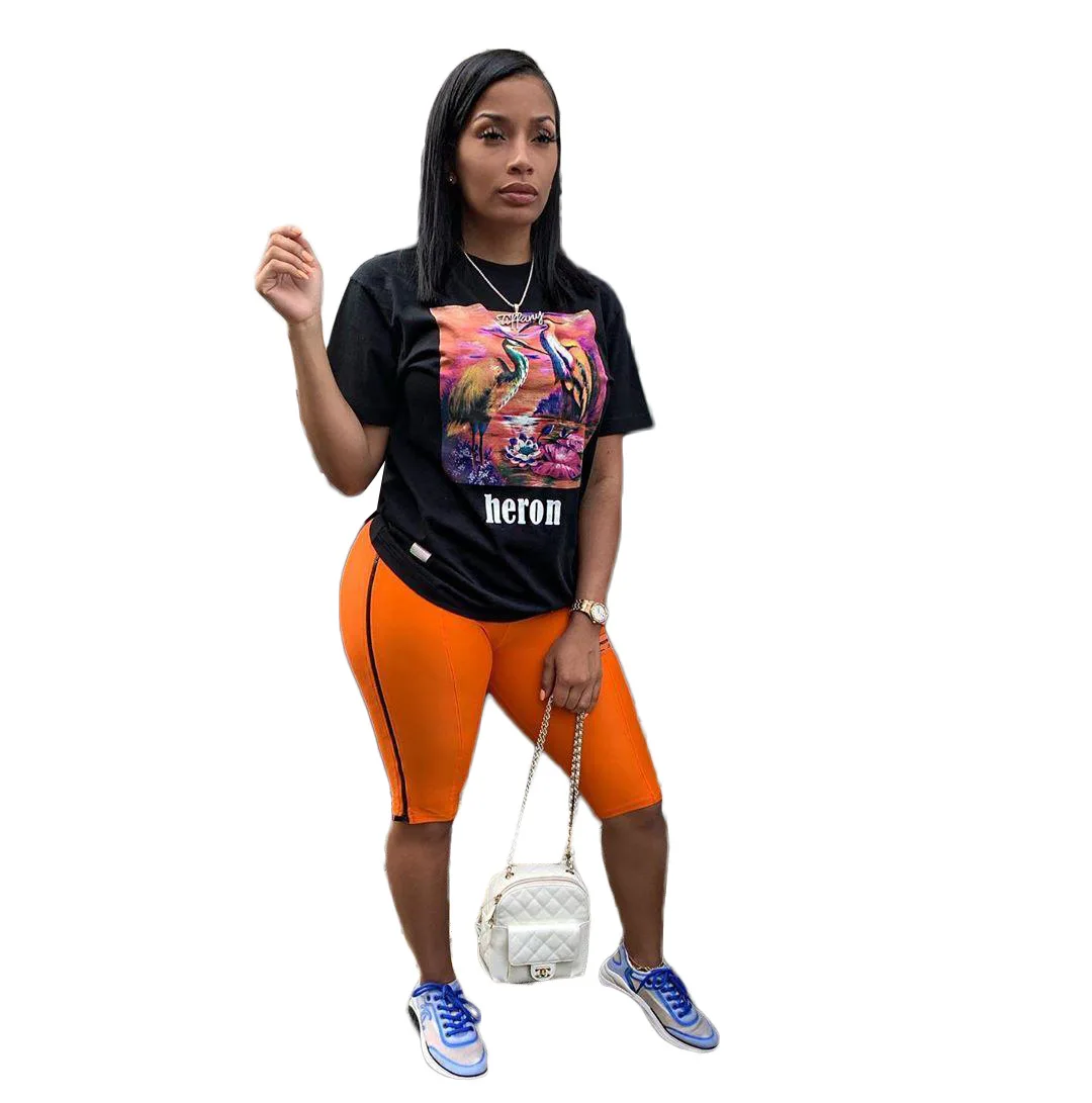 2019 Женский Летний новый костюм из двух предметов: черная футболка с принтом