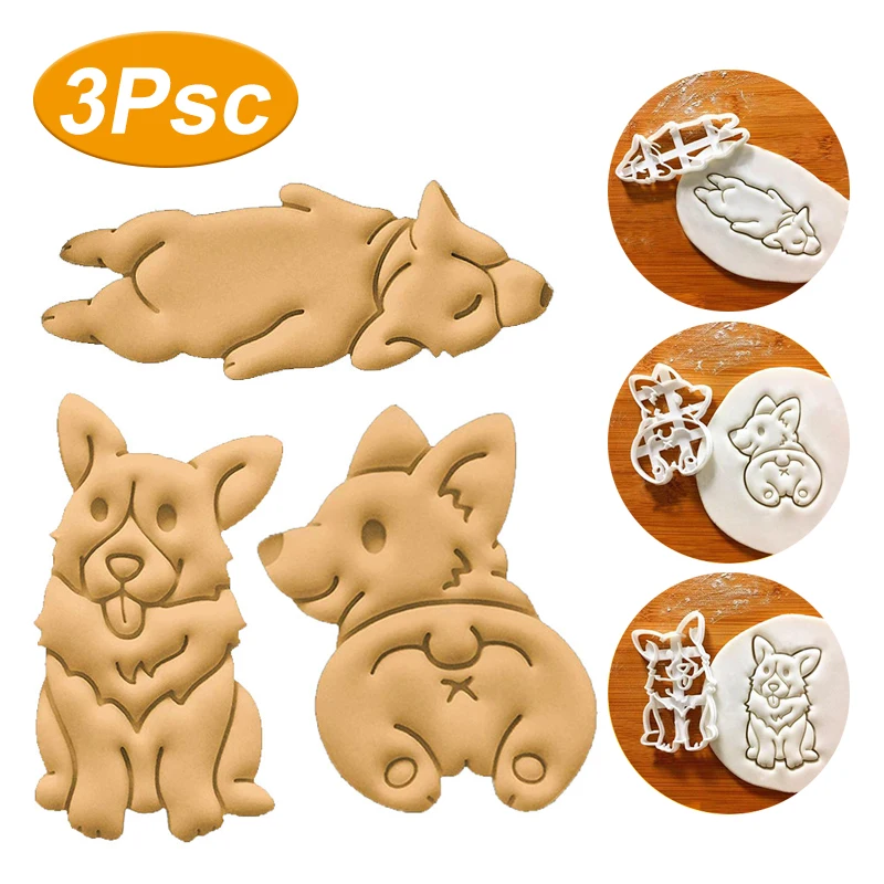 3Pcs Cookie Cutters Mold Cute Corgi Dog Shaped Biscuit Baking Tool Ware Bakeware DIY Tool For Kids Hand Mold Kitchen Accessories