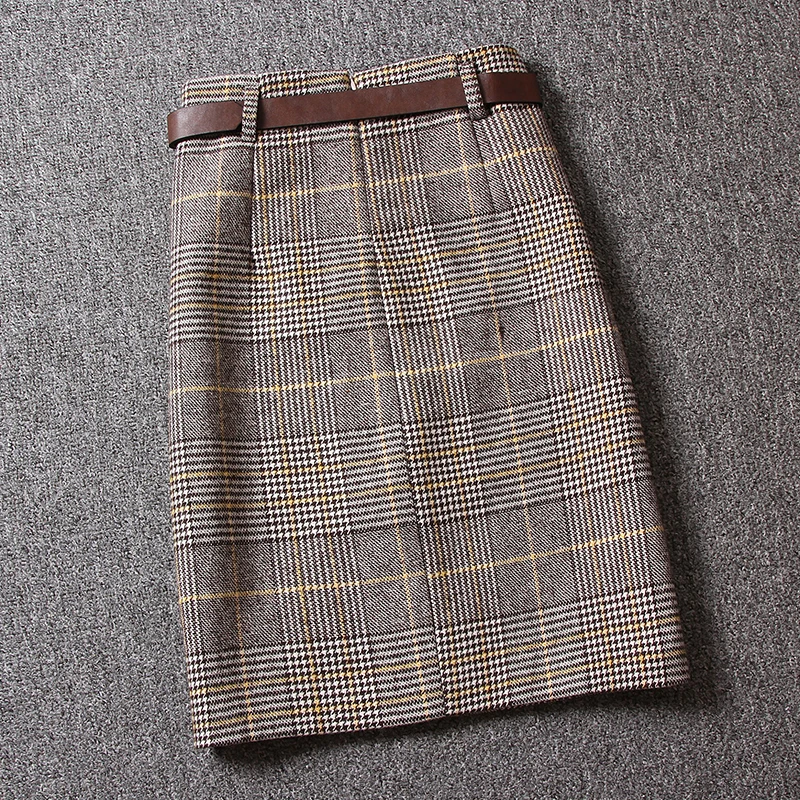 

Autumn Winter Women Knee-Length Plaid Wool Skirts Female Vintage Slim Office OL Wear One-Step Hip Elegant Party Pencil Skirts