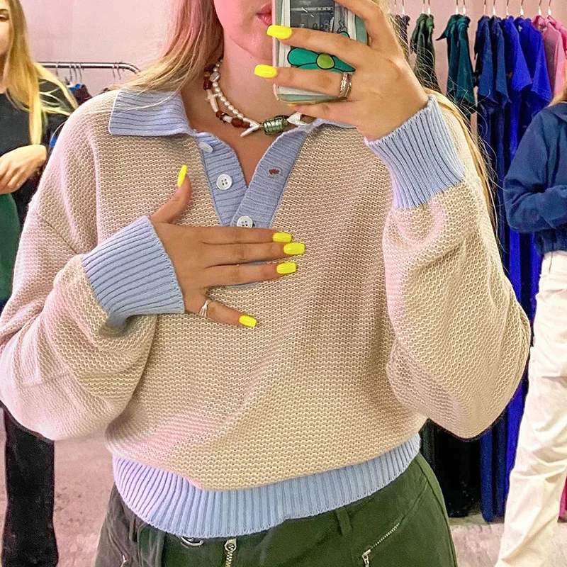 

Beige Patchwork Turn Down Collar Women Sweater Long Sleeve Elastic Knitted Female Pullovers Autumn Winter Casual Tops 2021