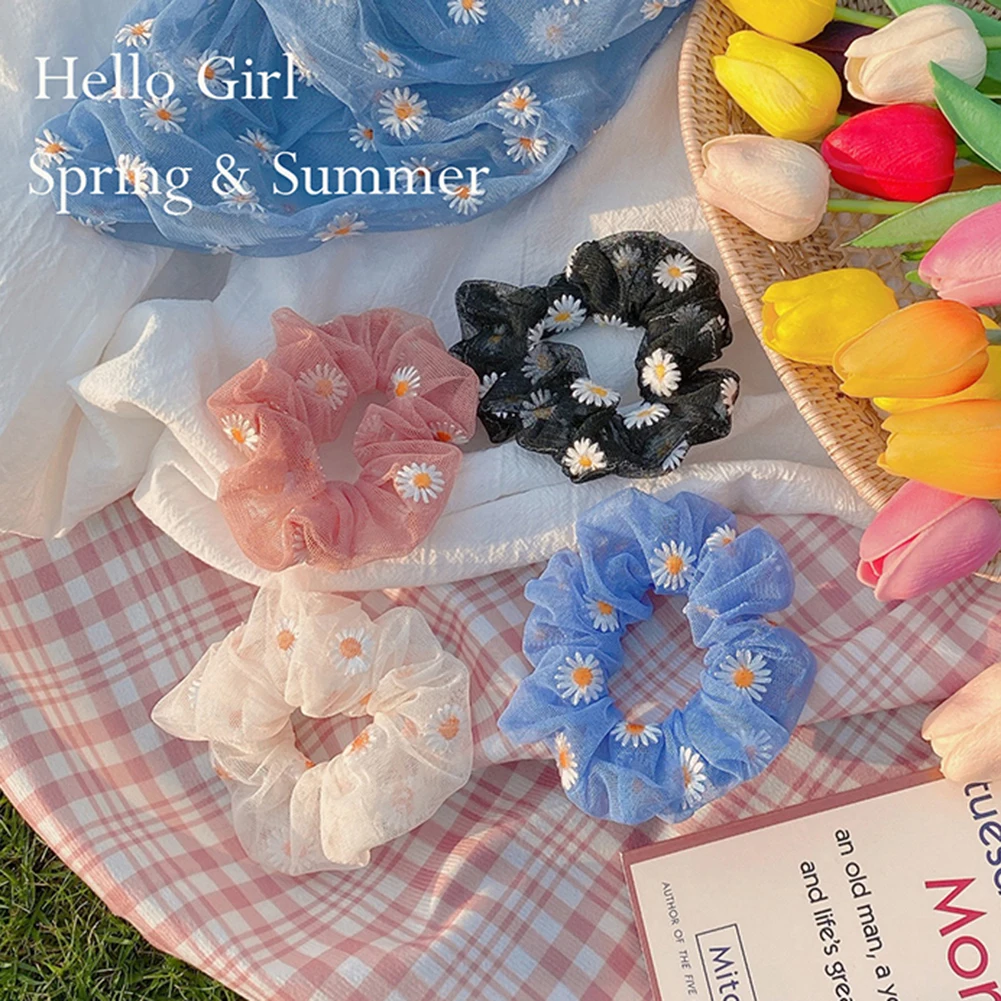 

Black White Pink Hair Ring Summer Daisy Floral Thin Mesh Embroidery Scrunchies Hair Tie Rubber Band Hair Rope Ponytail Holder