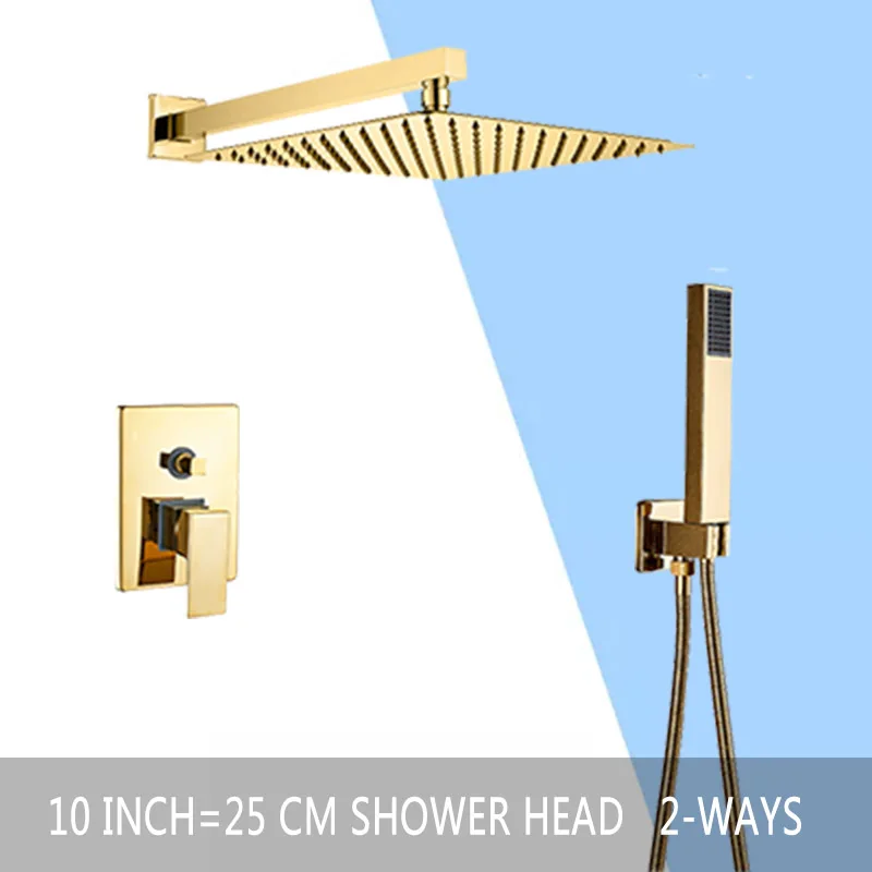 2 ways 10 inch Золотой Ванная комната душа комплект 3 канальный осадков Системы Настенный 8 10 12 ''Насадки для душа латунь Ванна Носик Смеситель для горячей и холодной воды - Цвет: 2 ways 10 inch