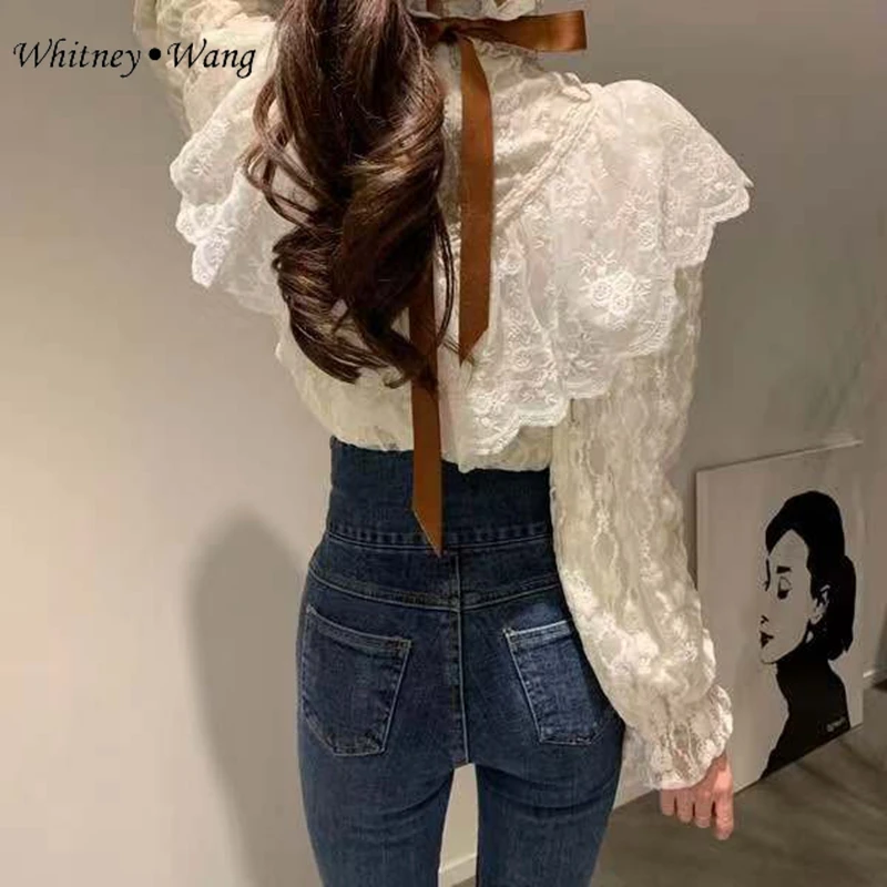 Женская блузка с бантом на спине WHITNEY WANG Весенняя кружевная в Корейском стиле