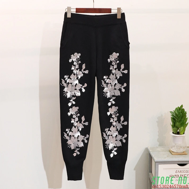 

2020 Spring Autumn Two Piece Set Round Collar Long Sleeve Elastic Embroidery Leaves Sweater Long Pant Suit Fashion OE300