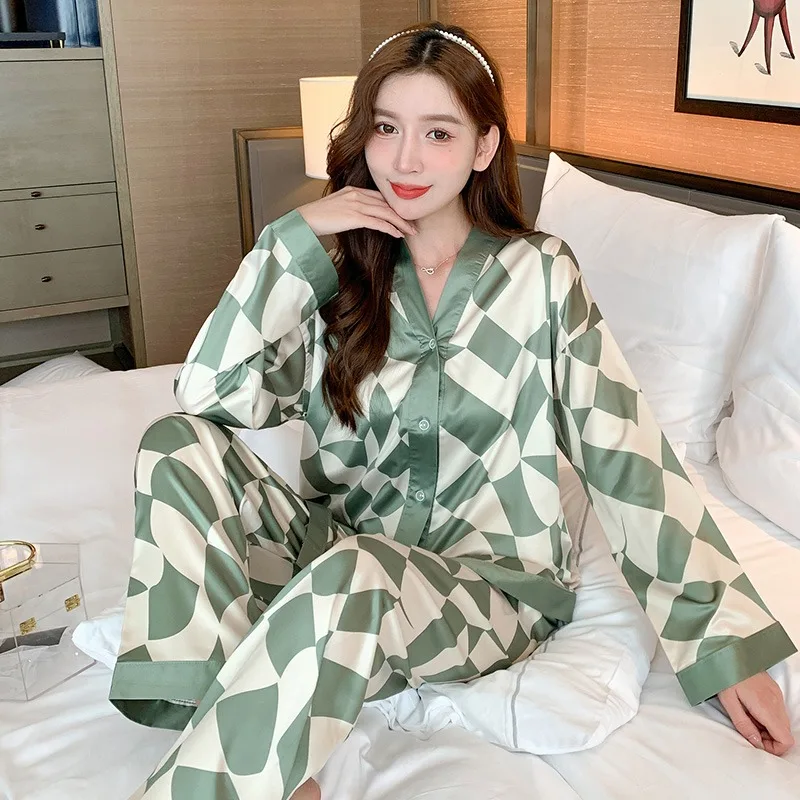 

2 Pieces Women's Pajamas Set Sexy Sleepwear Long Sleeved Nightgown Long Trousers Simulation Silk Grid Homewear Nighties Suit