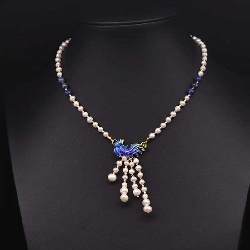

Retro Cloisonne Natural Pearl Necklace Female Phoenix Pendant Handmade Jewelry Freshwater Pearls Beads Choker Women Party Collar