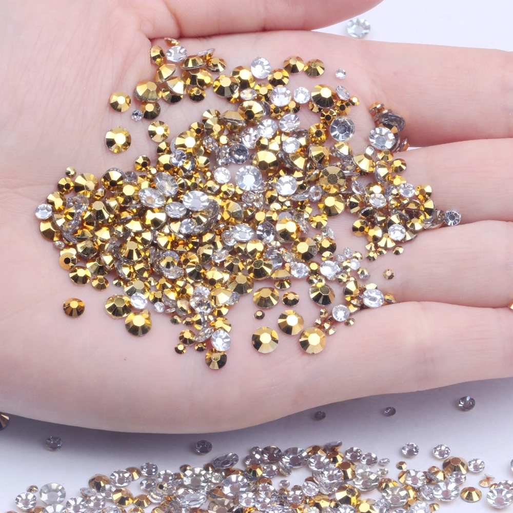 

Resin Rhinestones 2mm-6mm Gold Coating Many Facets Round Flatback Non Hotfix Crafts Beads DIY 3D Nails Art Decoration