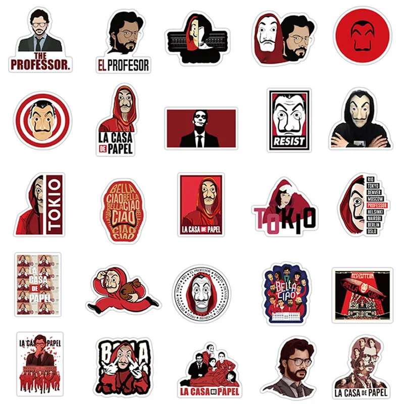 Pegatinas impermeables De La Casa De Papel para ordenador port&aacute;til, pegatinas divertidas De bricolaje para equipaje, guitarra y bicicleta, serie De TV, Money Heist, 10/30/50 unids/paquete-3