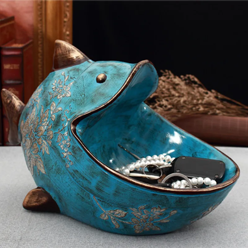 

American Vintage Carved Big Mouth Fish Desk Storage Ornaments Key Holder Entrance Statue Home Decoration Accessories Figurine
