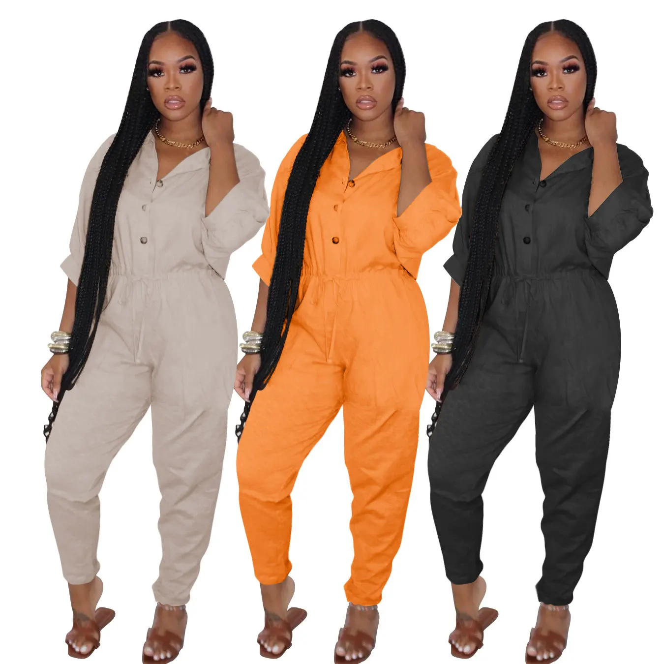 

Chiclover Streetwear Jump Suits for Women Wholesale Items Casual Buttons Lapel Jumpsuits Elastic Waist Rompers Cargo Pants