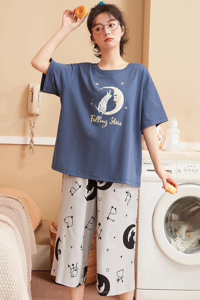 

Summer Women's Pajamas Sets Leisure Plus Size Short Sleeve Cotton Nightwear Korean Sweet Blue Cartoon Kawaii Girls Sleepwear
