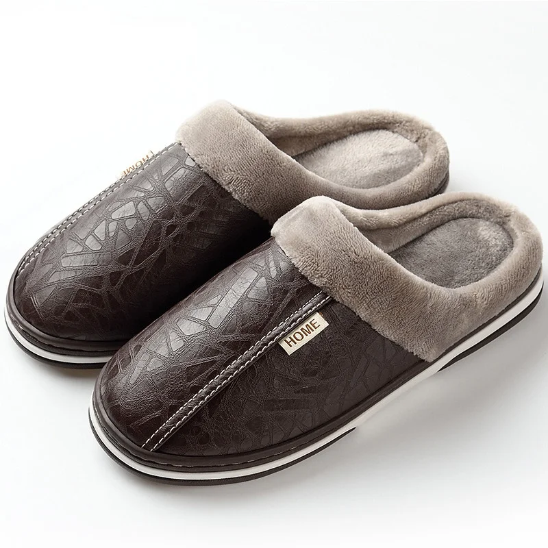 

Men's Slippers Home Winter Indoor Warm Shoes Thick Bottom Plush Waterproof Leather House Slippers Man Cotton Shoes