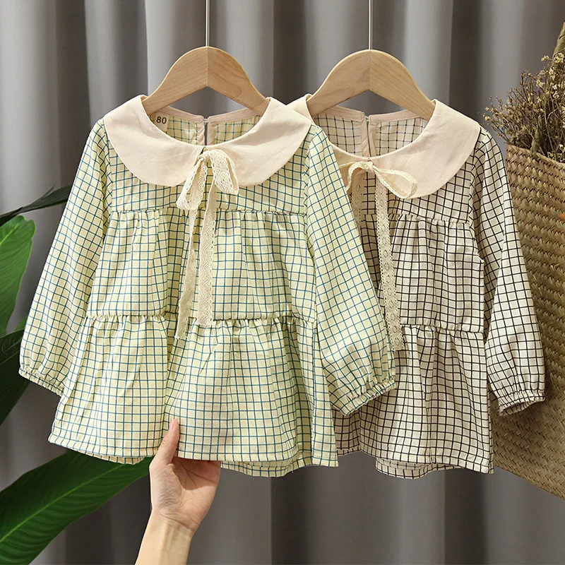 

Детские платья для новорожденных на весну с воротником в стиле «Питер Пэн» с длинным рукавом и бантом, одежда в клетку детская одежда для ма...