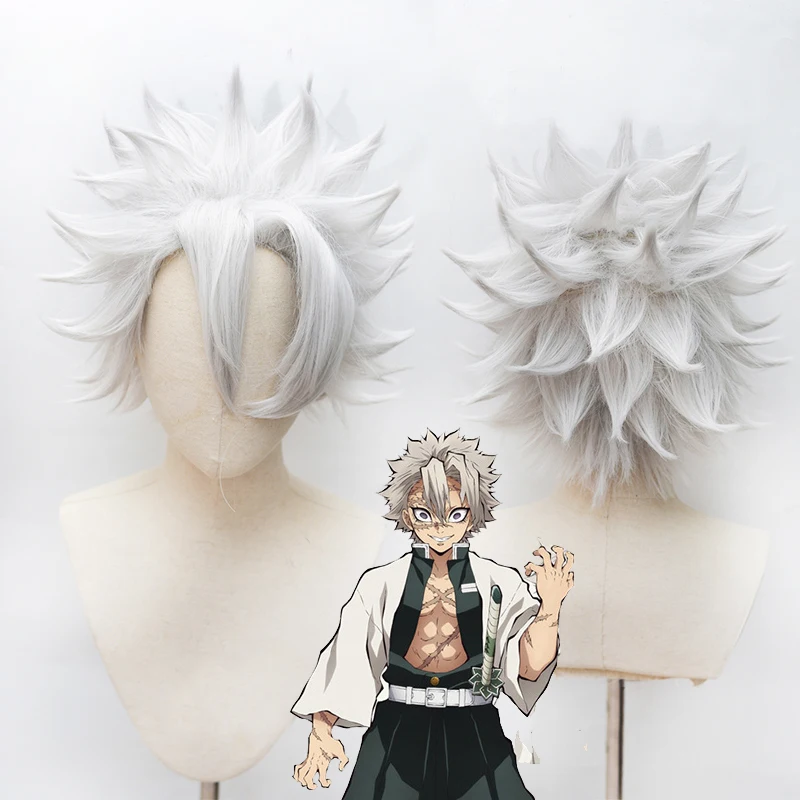Парик для косплея Kimetsu no Yaiba Shinazugawa Sanemi Короткие Серые и серебристые волосы с