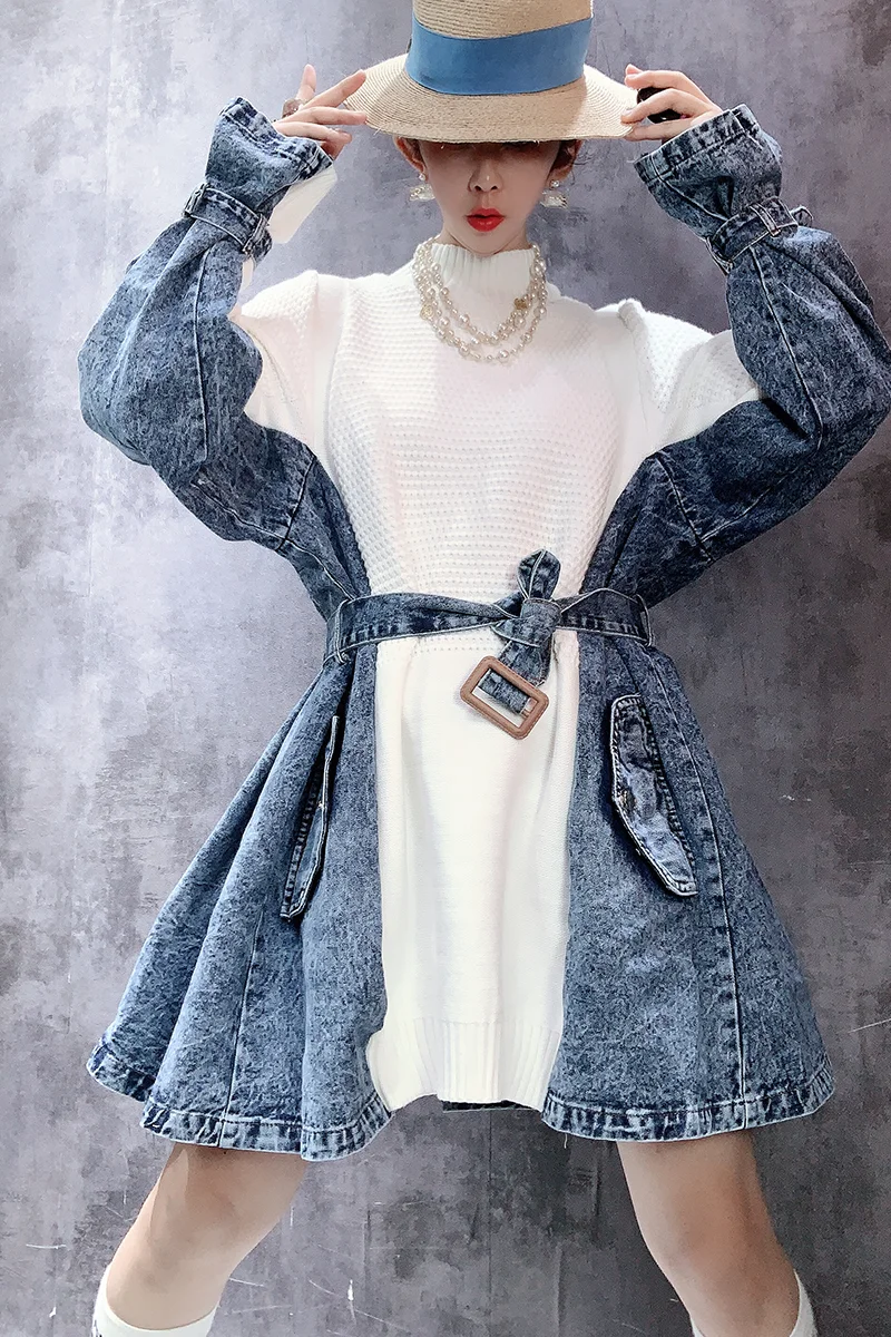 

Hot trendy 2021 Denim Patchwork dress Irregular ladies Long Sleeve Loose Korean Coats q425