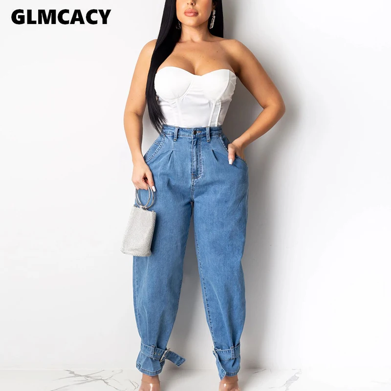 Женские джинсы больших размеров с высокой талией облегающие карманами синие