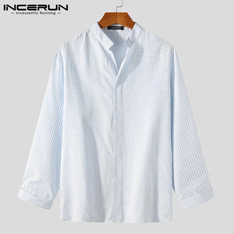 

INCERUN Men Leisure Striped Shirts Long Sleeve Stand Collar Blouse Korean Style Man Loose Button Dress Shirt Spring Camisa S-5XL