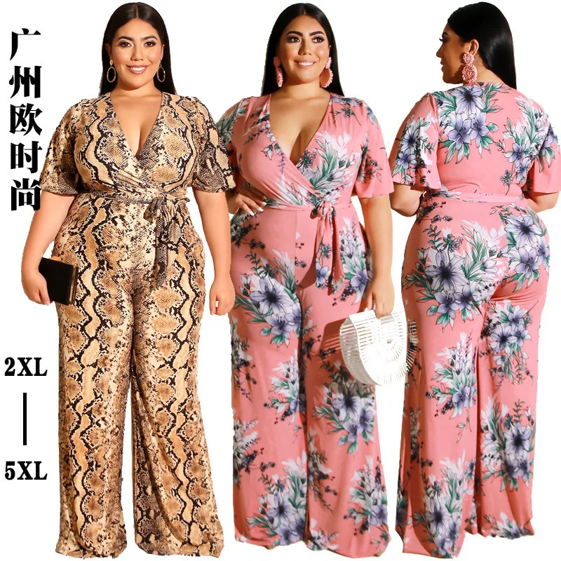 

Plus Size Floral Print Jumpsuit Straight Loose Long Playsuit V Neck Belt Wide Leg Rompers Sexy Elegant Tunic Overalls For Women