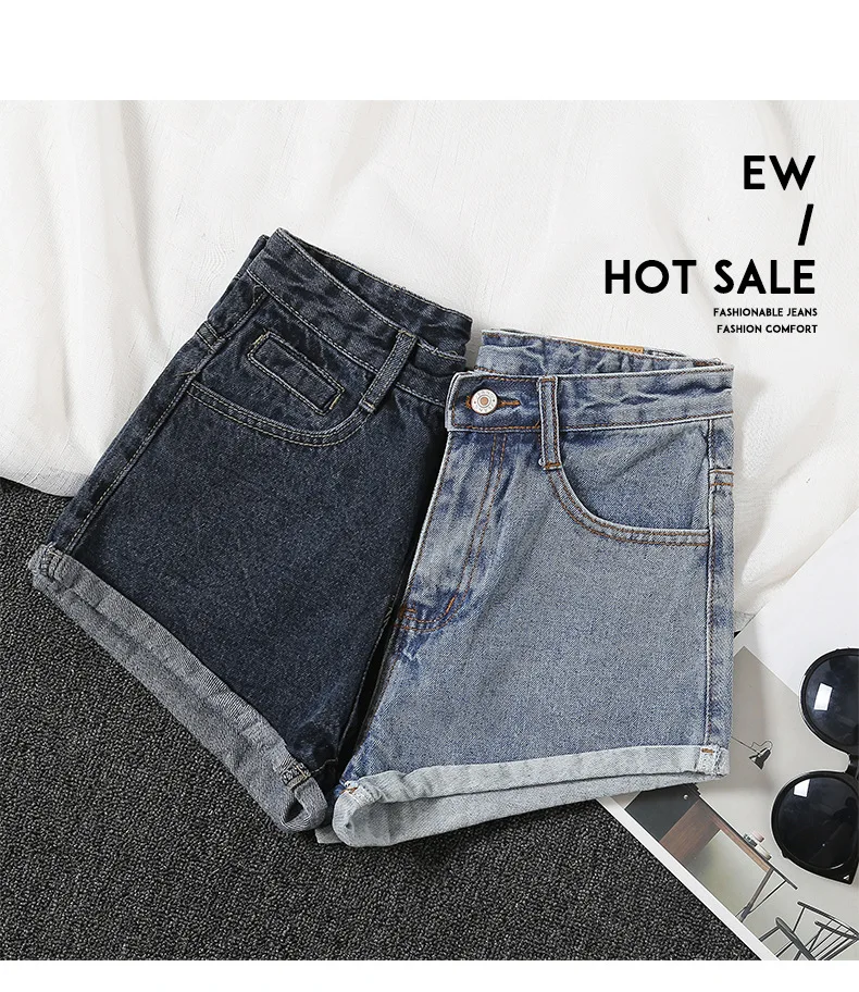 

Super Fire Curling High Waist Denim Shorts Women's Summer Loose Black Gray Wide-leg Pants