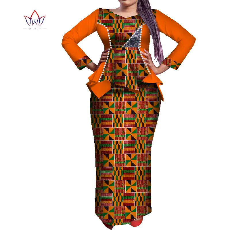 Customize African Print Peals Long Sleeve Tops and Skirt Sets for Women Bazin Riche African Clothing 2 Pieces Skirts Sets WY7641
