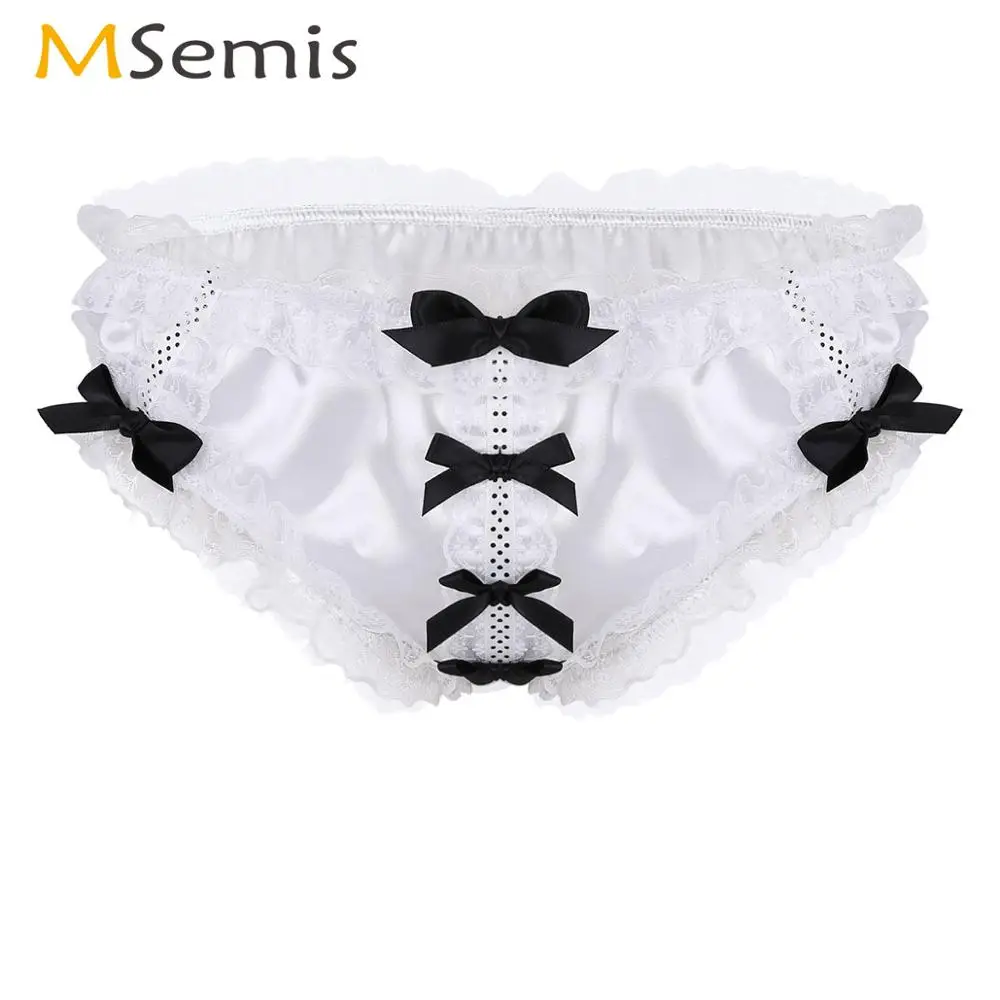 

Men Sissy Thong Underwear Shiny Ruffled Floral Lace Satin Panties Sexy Low Rise Bowknot Gay Bikini Briefs Erotic Hombre Lingerie