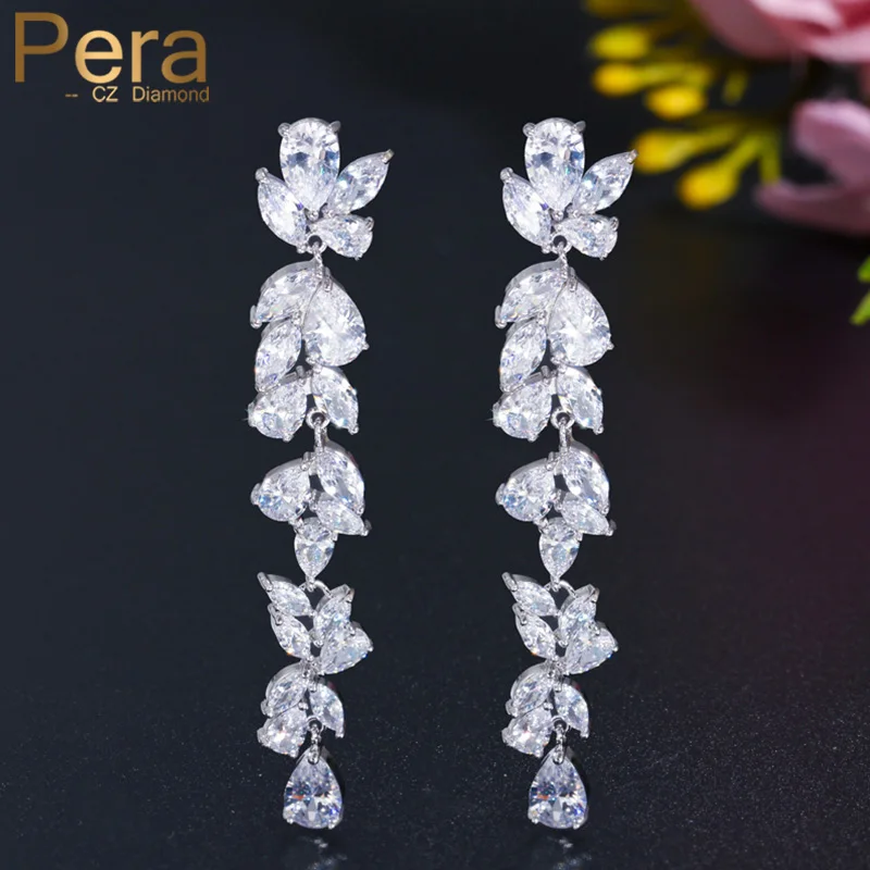 

Pera Brilliant White Leaf Shape Long Hanging Drop Earrings for Women Engagement Wedding Dress Cubic Zirconia Jewelry E406
