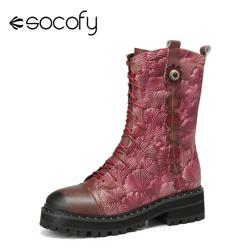 

SOCOFY Natural Ginkgo Leaf Print Embossed Womens Shoes Leather Comfy Wearable Casual Short Boots Fashion Style Mid-calf Boots
