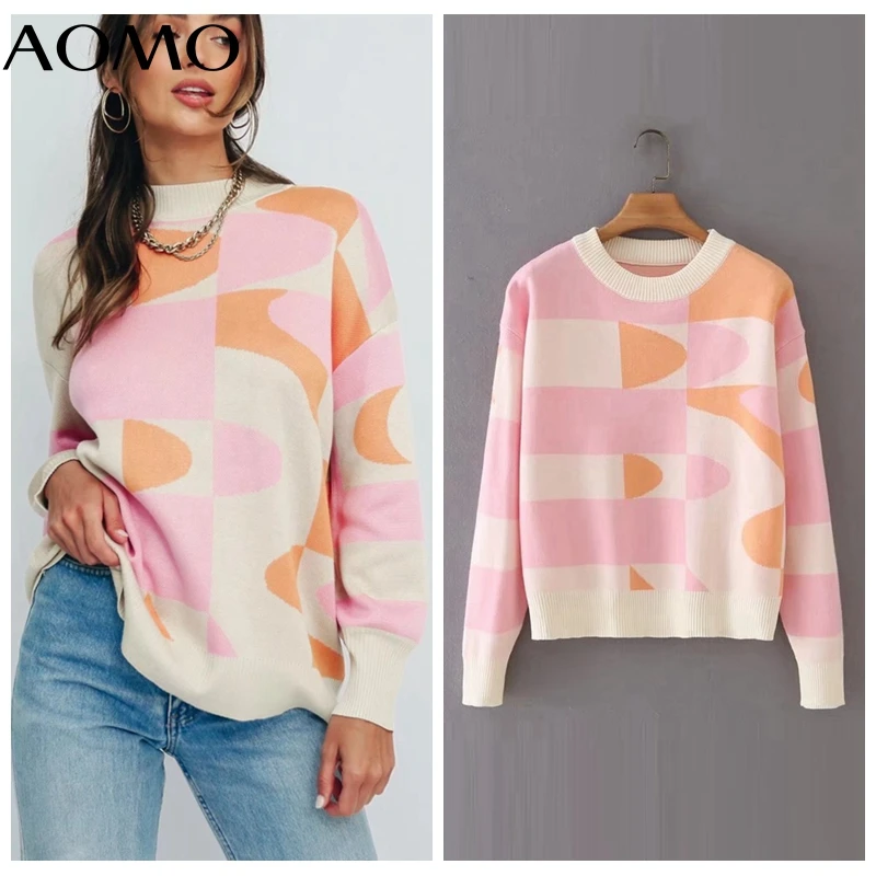 

Женский трикотажный свитер AOMO, розовый джемпер с геометрическим рисунком и круглым вырезом, женские пуловеры оверсайз, шикарные топы 2X55A, 2021
