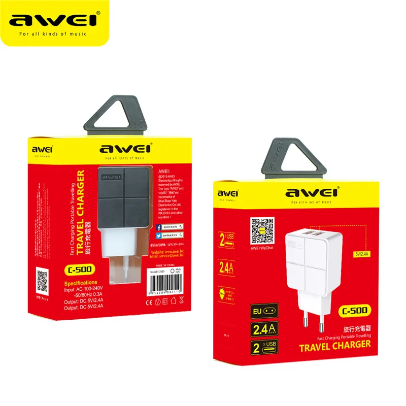 AWEI Dual USB зарядное устройство для телефона, быстрая зарядка, 5 В/2,4 А, ЕС, быстрое настенное зарядное устройство, адаптер, ЕС, мини разъем для iPhone 11, samsung, Xiaomi