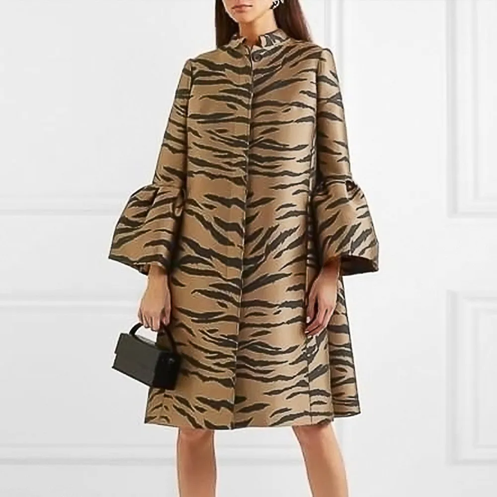 

2021 Autumn Winter New Womens Dress African Leopard Stand Collar Flared Sleeves Single Breasted Loose Casual Simplicity Dress
