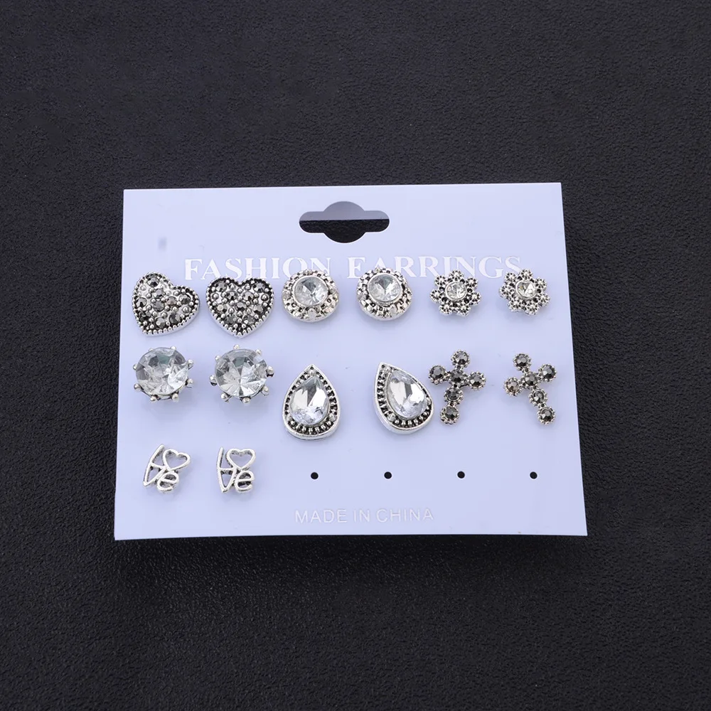 7 пар/уп. этнические хрустальные серьги гвоздики с цветами в форме сердца набор