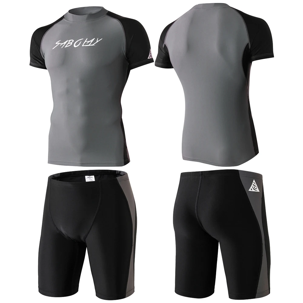 

SABOLAY New Profesional Swimwear Men Wetsuit Quick Drying Solid Short Sleeve Jammers Summer Surfing Split Swimsuit Men Plus Size