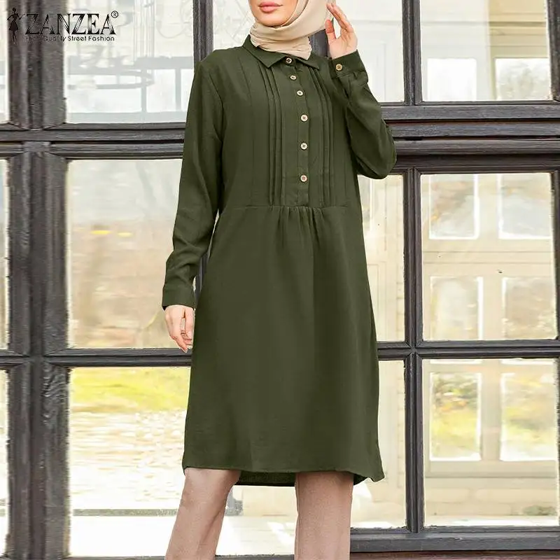 ZANZEA Autumn Blouse Vintage Lapel Neck Long Sleeve Solid Muslim Tops Casual Shirt Dubai Turkey Abaya Hijab Blusas Islamic | Тематическая