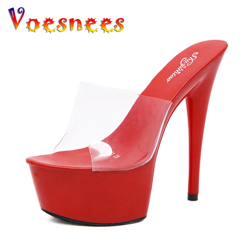 

Voesnees Female Slippers 6 Color Red White Black Women Platform Shoes Sexy Nightclubs T stage Shows High Heels 15 cm Plus-size