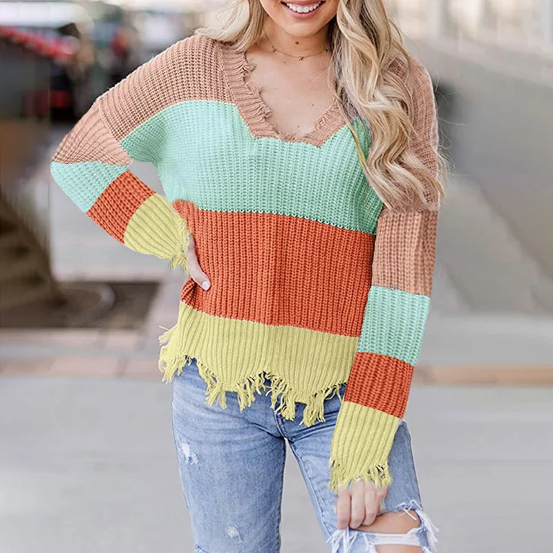 

2020 European and American Lazy Wind Women's Autumn and Winter Hole Sweater Women's Casual V-neck Stripe Spell Color Sweater