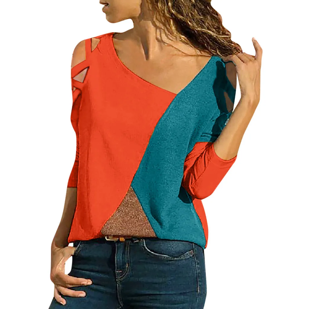 

Spring Summer Women Off Shoulder Blouse Casual Panel Top O Neck Long Sleeve Patchwork Shirt Slim Office Lady Blouses Basic Tops