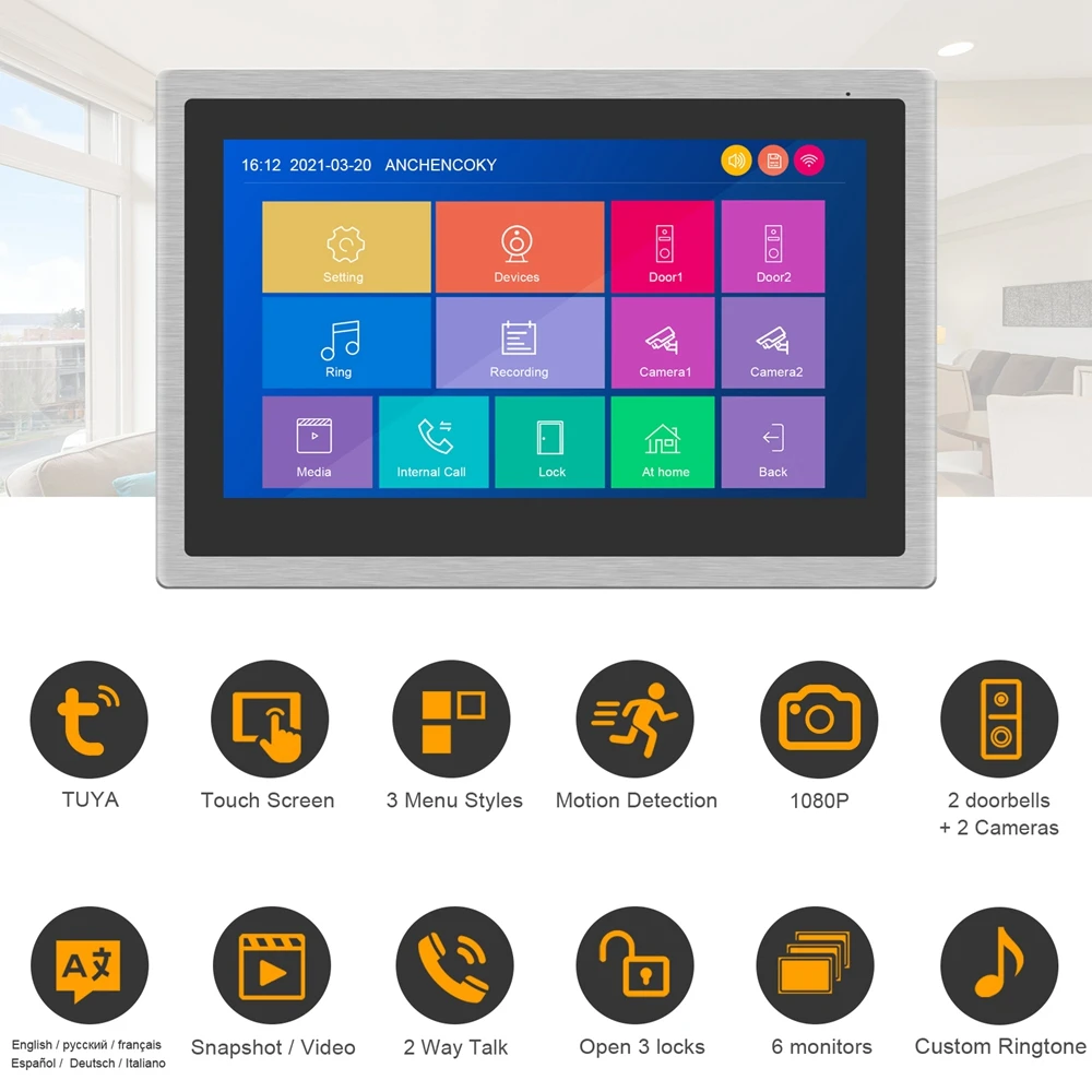 Беспроводной видео домофон сенсорный экран 10 дюймов Wi-Fi видео-дверной звонок 150 °