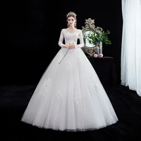 new wedding dress deep v neck embroidery full sleeves pleat floor length backless tulle plus size wedding gowns for women g174
