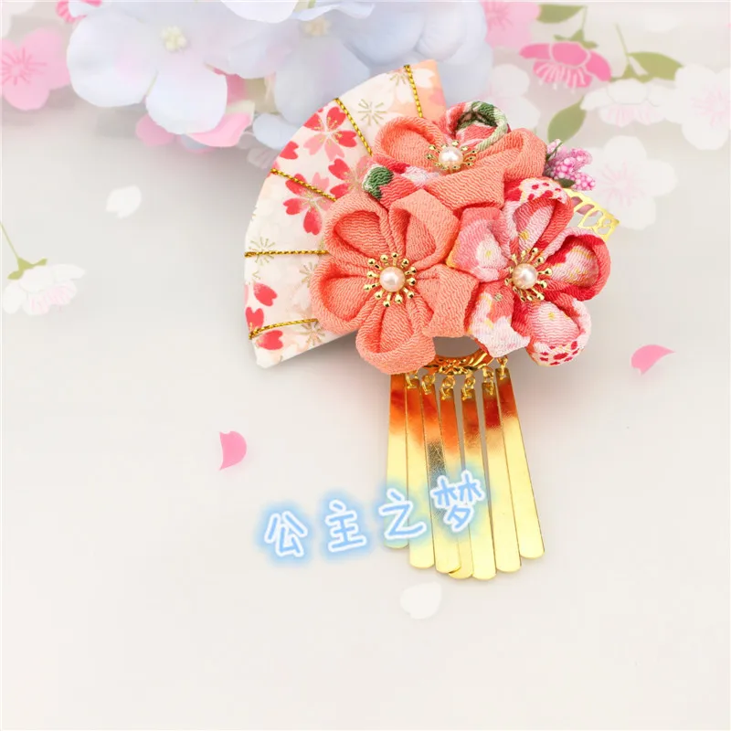 Японский головной убор tsuami Kanzashi розовый красный с кисточками Кура цветок веер