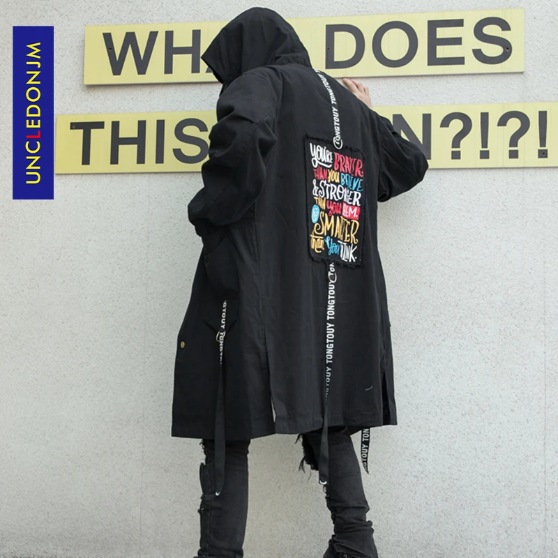 UNCLEDONJM длинная куртка для мужчин с принтом модное весеннее пальто Harajuku мужская