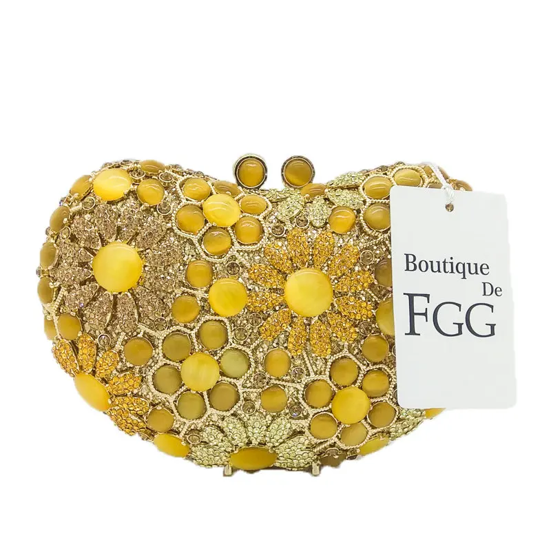 

Boutique De FGG Yellow Diamond Opal Heart Shape Women Flower Crystal Clutch Evening Bags Bridal Clutches Handbag Wedding Purse