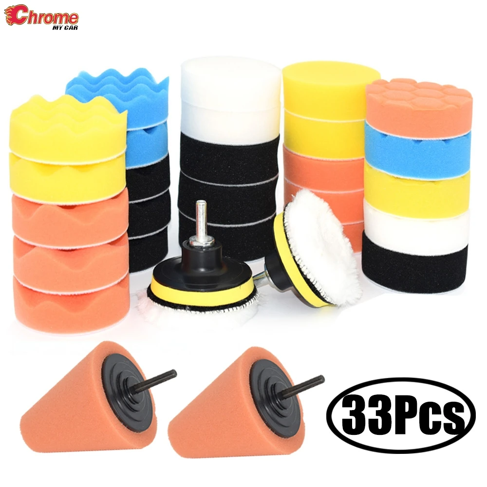 

33Pcs Car Foam Drill Polishing Pad Kit for Car Polisher + M10 Drill Adapter Waxing Buffing Pads Paint Correction Tool Set 3 Inch