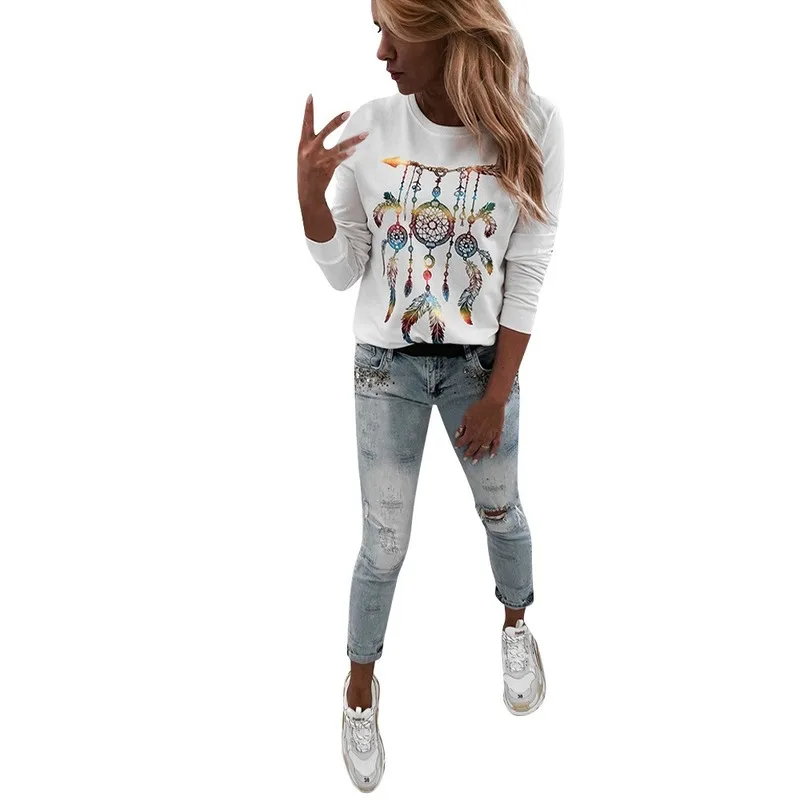 

New Pullover Adult Soft Women T-shirt Simple Casual Crew Neck Daily Long Sleeves Fashion Ladies Floral Print Autumn Winter Loose