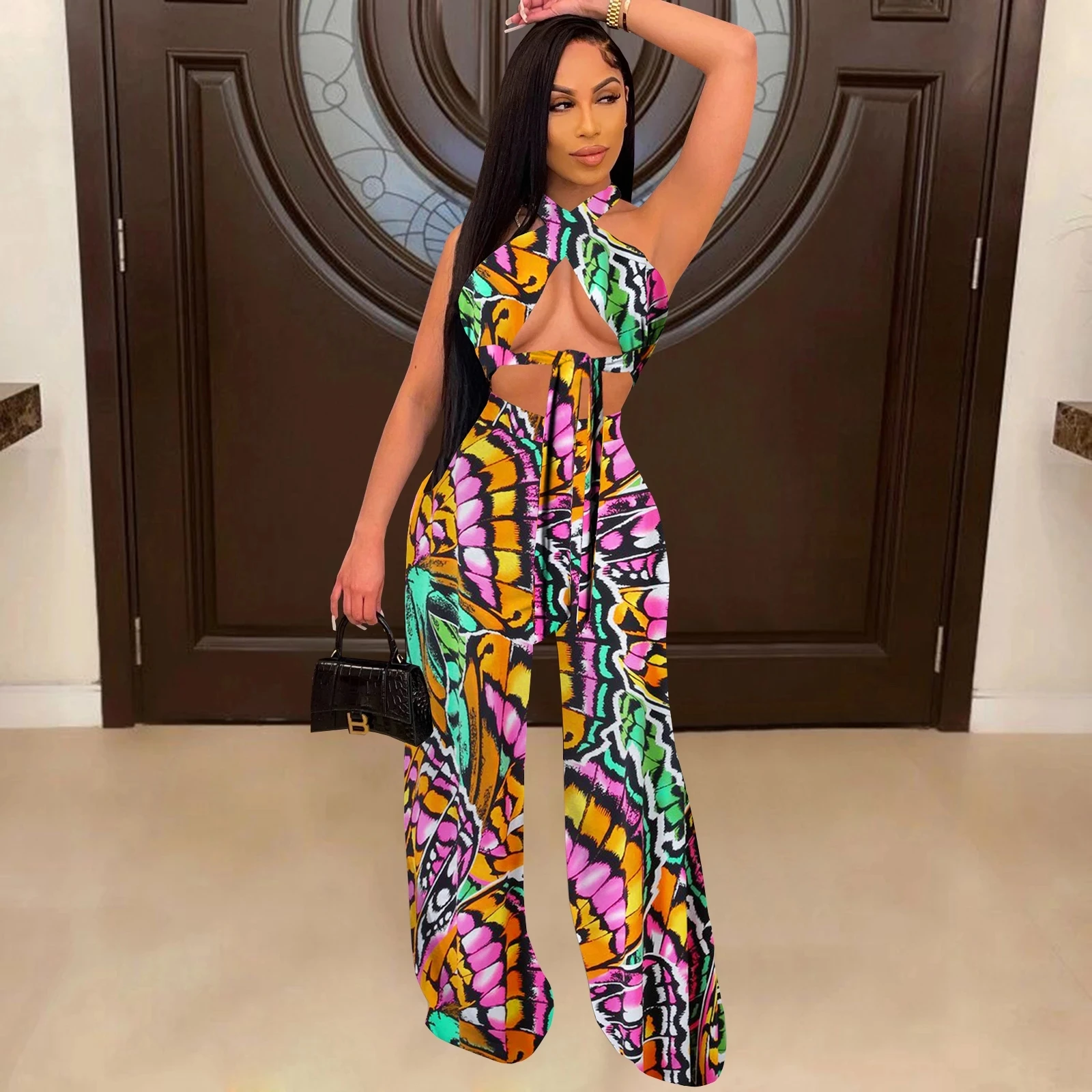 

Imcute Womens Halter Neck Printed Crop Top And Wide Leg Pant Set Two-Piece Suits Summer Laced Bandage Matching Set Club Wear New