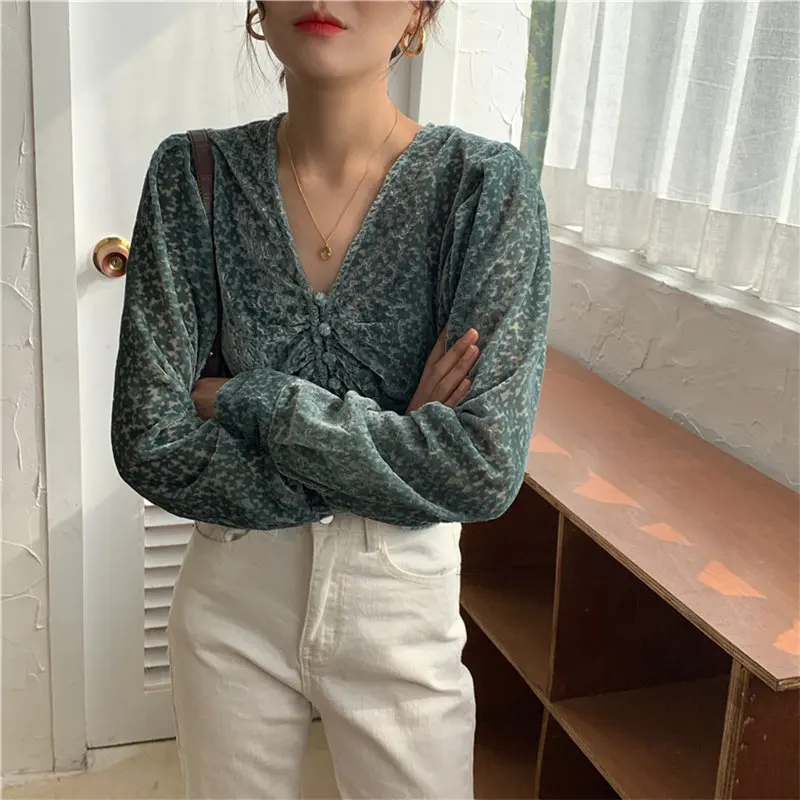 Женские вельветовые Топы HziriP плиссированные топы с v-образным вырезом