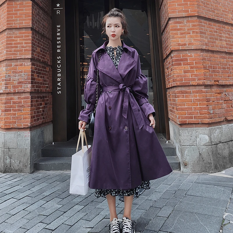 

Windbreaker female Violet Double-breasted Long 2020 Spring Autumn Korean Loose Casual Fashion Over knee Trench Women coat W91